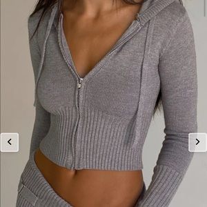 frankie’s bikinis aimee zip up cloud knit hoodie and fleur low rise knit pants